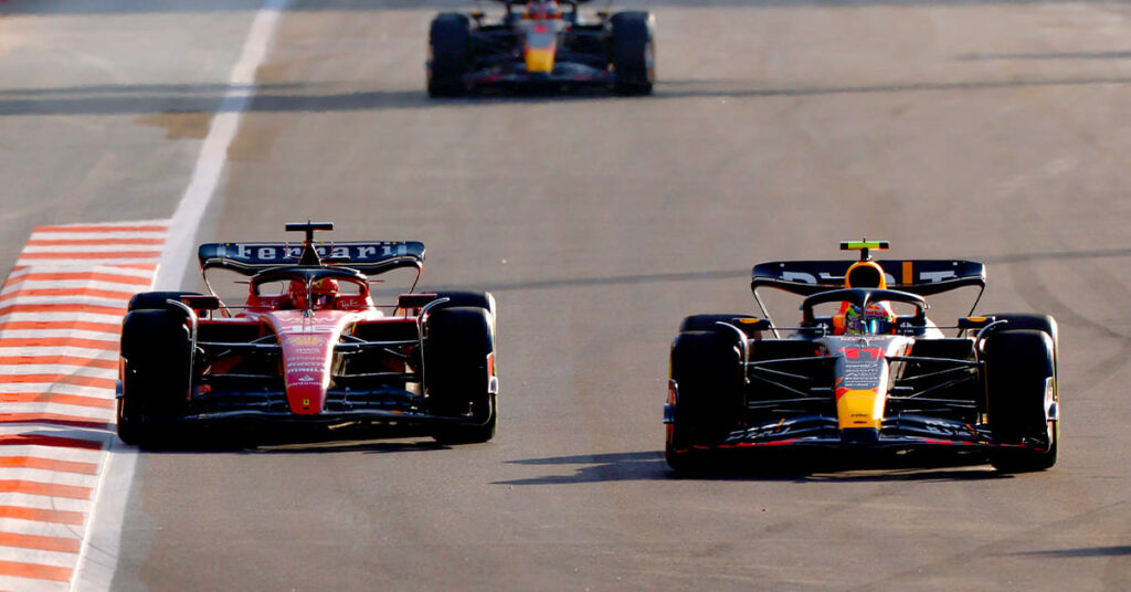 Sergio Pérez (Red Bull), Charles Leclerc (Ferrari), Max Verstappen (Red Bull), Azerbaïdjan 2023 - ©️ Red Bull Content Pool
