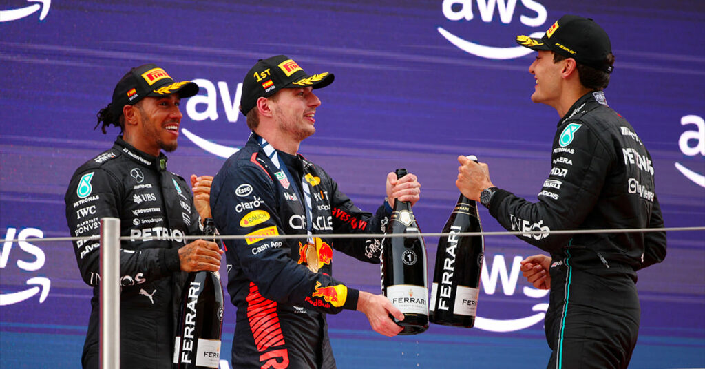 Hamilton (Mercedes), Verstappen (Red Bull) et Russell (Mercedes), Espagne 2023 - ©️ Red Bull Content Pool
