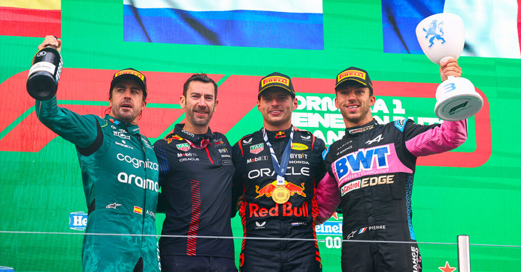 Alonso (Aston Martin), Verstappen (Red Bull) et Gasly (Alpine), Podium Pays-Bas 2023 - ©️ Red Bull Content Pool
